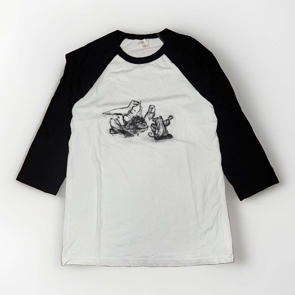 Dinosaur Graphic Baseball T Shirt Mens Medium White Black 3/4 Sleeve Raglan